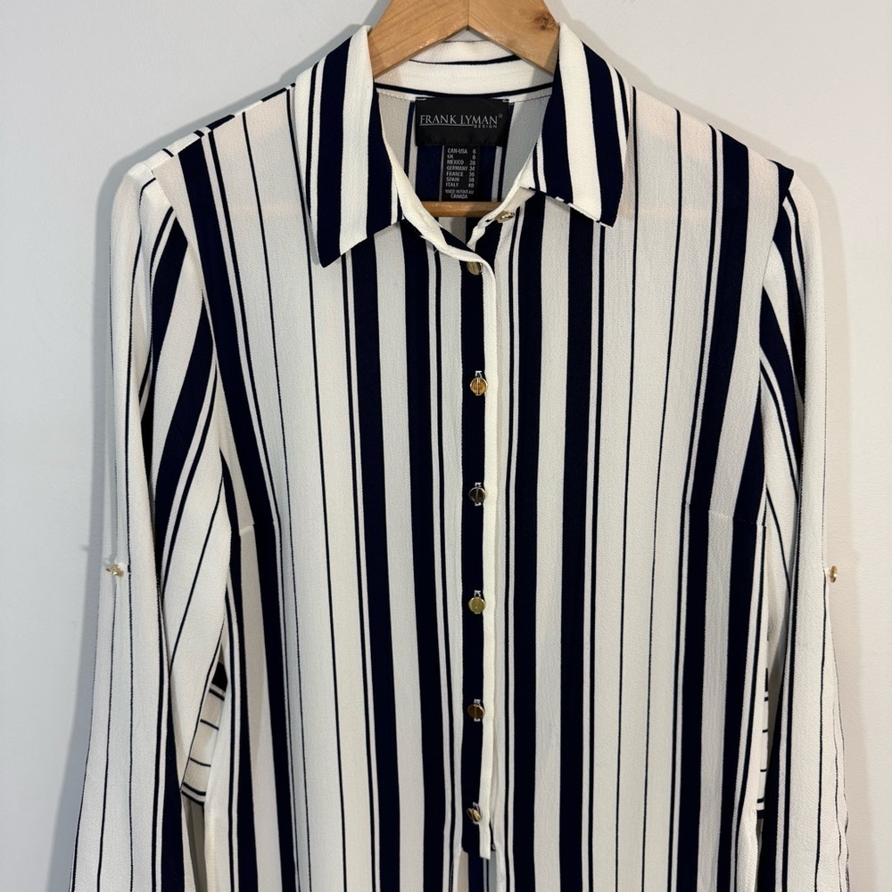 Frank Lyman Longline Striped Blouse Sz 6 White Blue Side Slit Shirt Office EUC - Picture 2 of 10